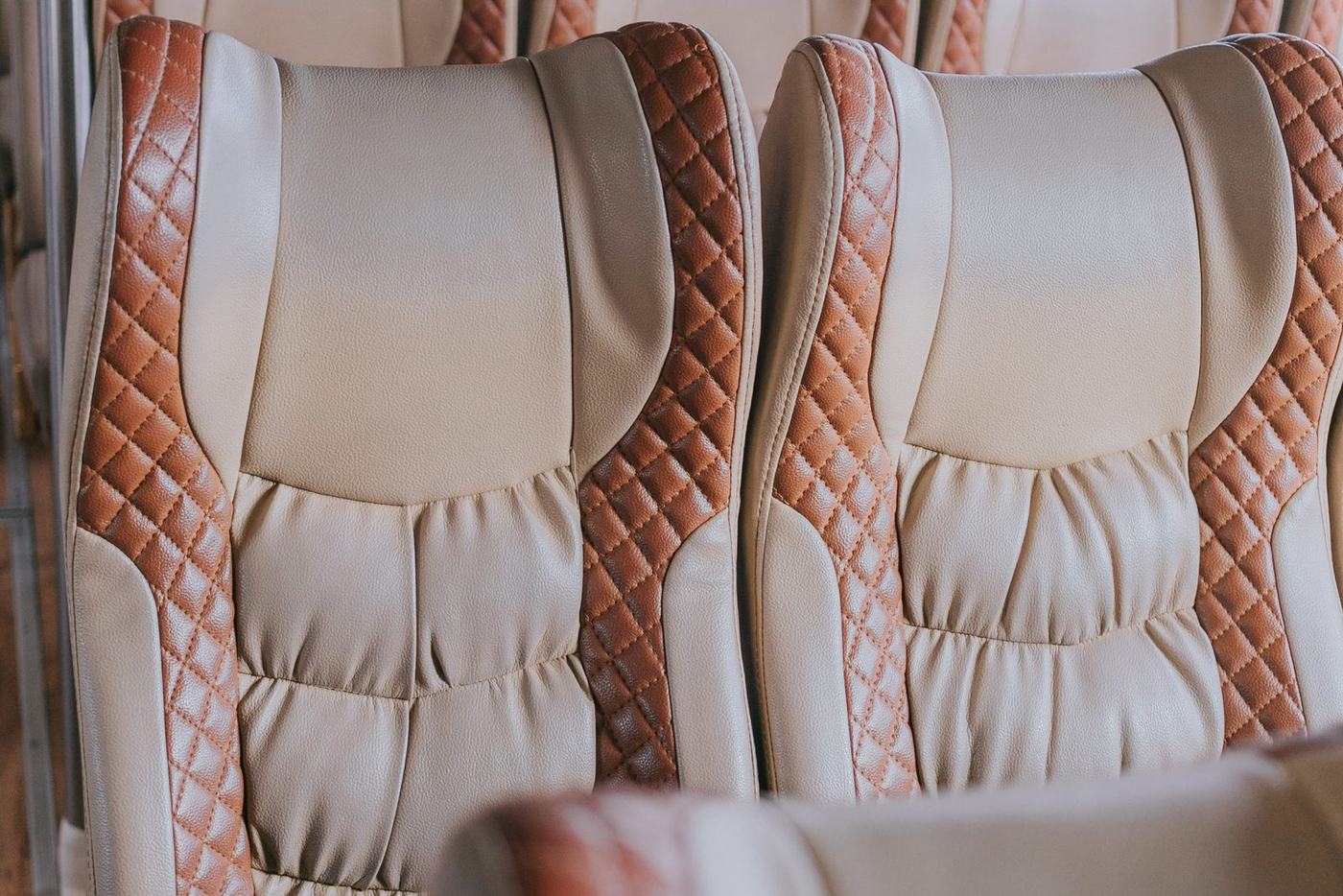 Rows of cushioned passenger seats in the main cabin