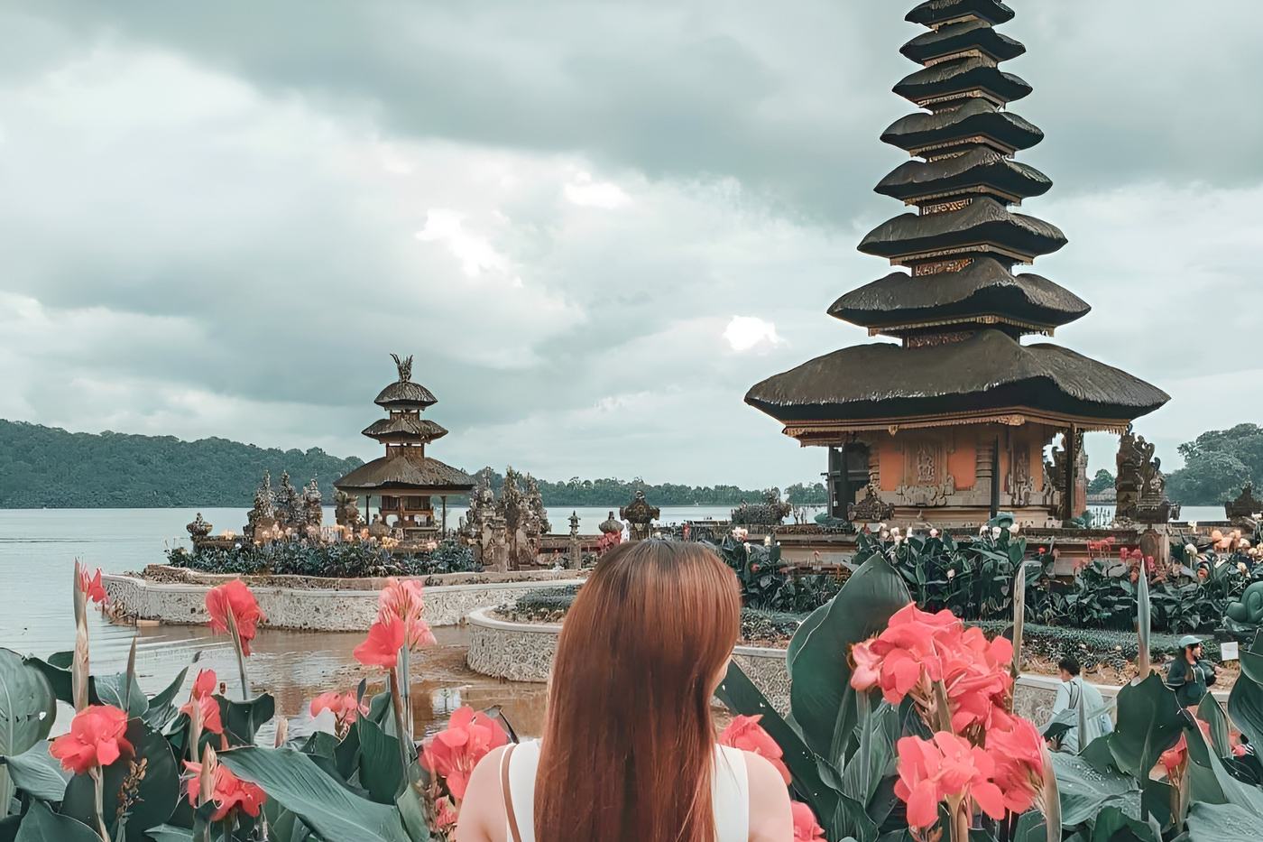 Ulun Danu Beratan temple across the flowers on Lake Bratan